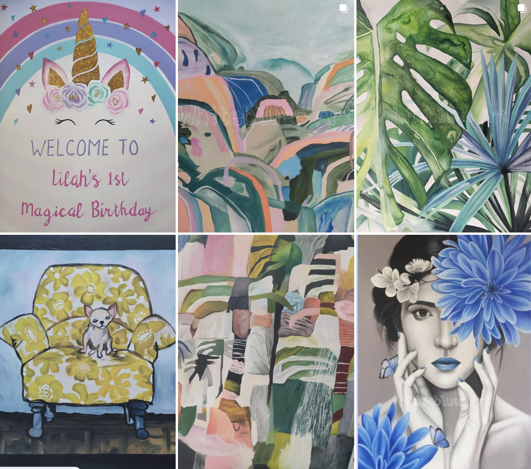 Colorful and whimsical paintings featuring botanical elements, dreamy abstracts, and playful illustrations