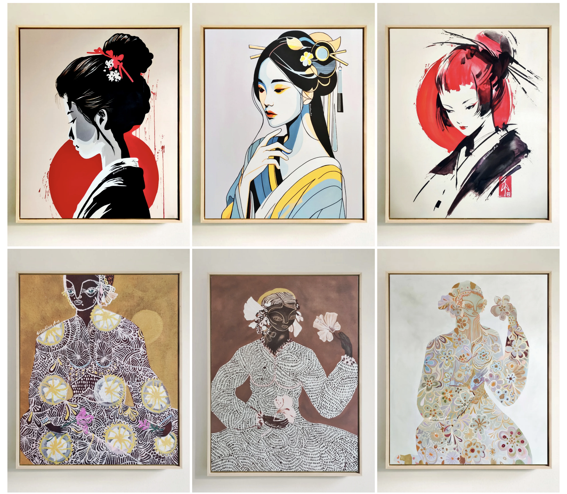 Elegant Japanese-inspired paintings featuring geishas and intricate cultural patterns in a modern artistic style