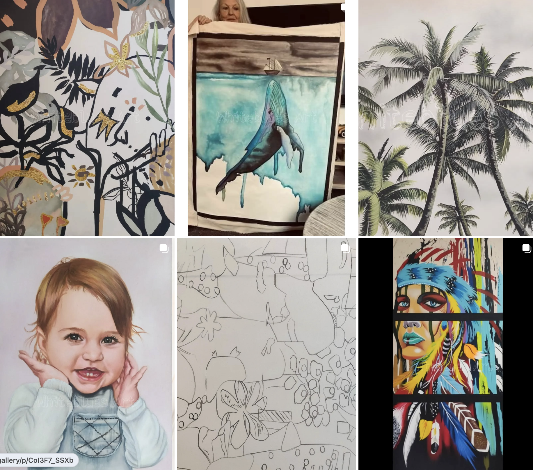 Various expressive and unique paintings including portraits, abstract, and nature-themed art from Aestha Art Gallery in Bali